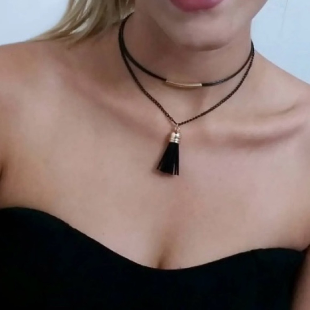 Black choker tassle black gold choker boho NEW double layer choker necklace